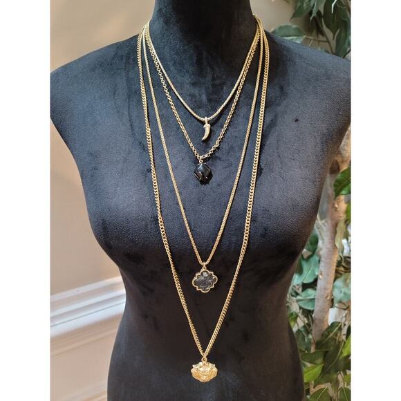 Women's Layered Gold Chain Necklace With Black Charms Lobster Lock Jewelry - Picture 2 of 7